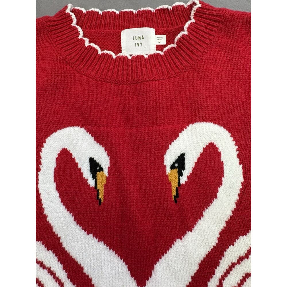 Luna Ivy Red Swan Knit Crop 'ish' Sweater Scalloped Trim Women Size Medium - Picture 6 of 8
